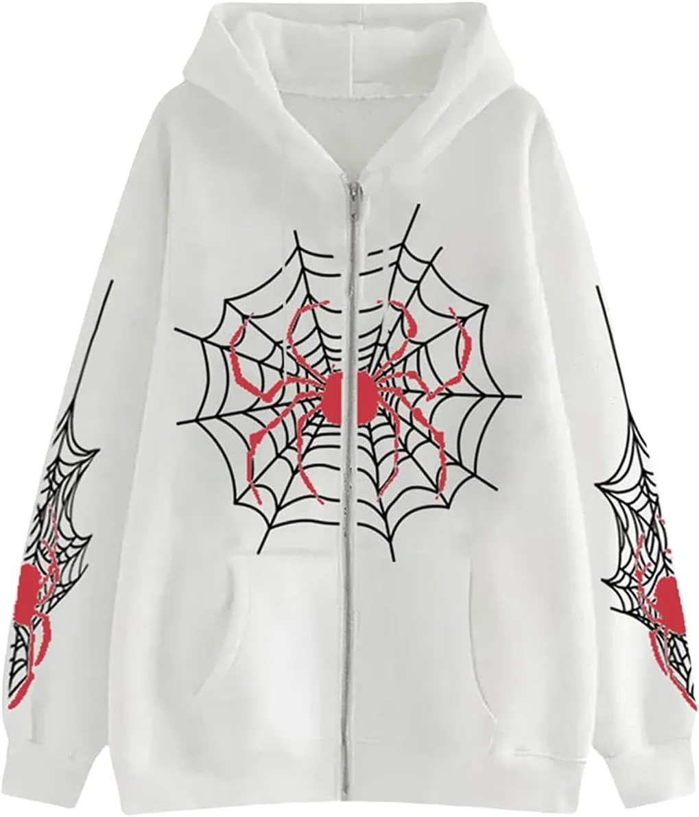 Winioder Women Y2K Spider Zip Up Hoodie Jacket Punk Goth Grunge Aesthetic Oversized Hoodies Vintage Graphic Sweatshirt