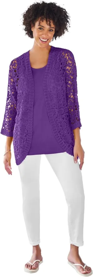 Woman Within Plus Size Curved Hem Pointelle Cardigan