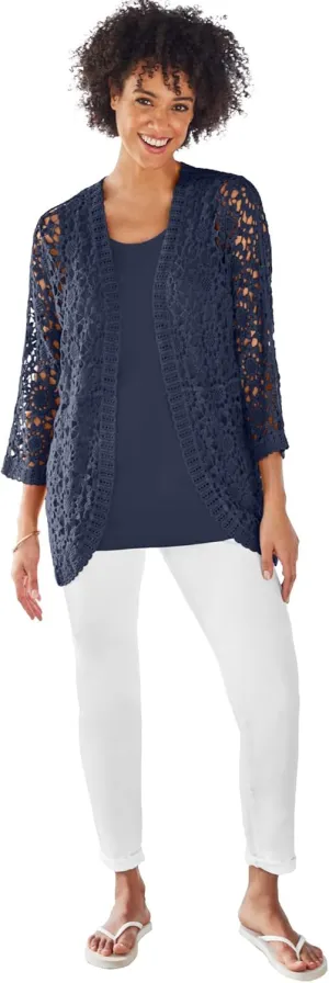 Woman Within Plus Size Curved Hem Pointelle Cardigan