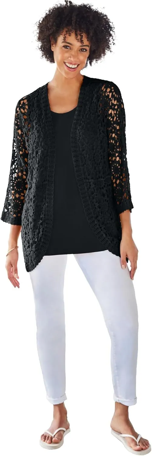 Woman Within Plus Size Curved Hem Pointelle Cardigan