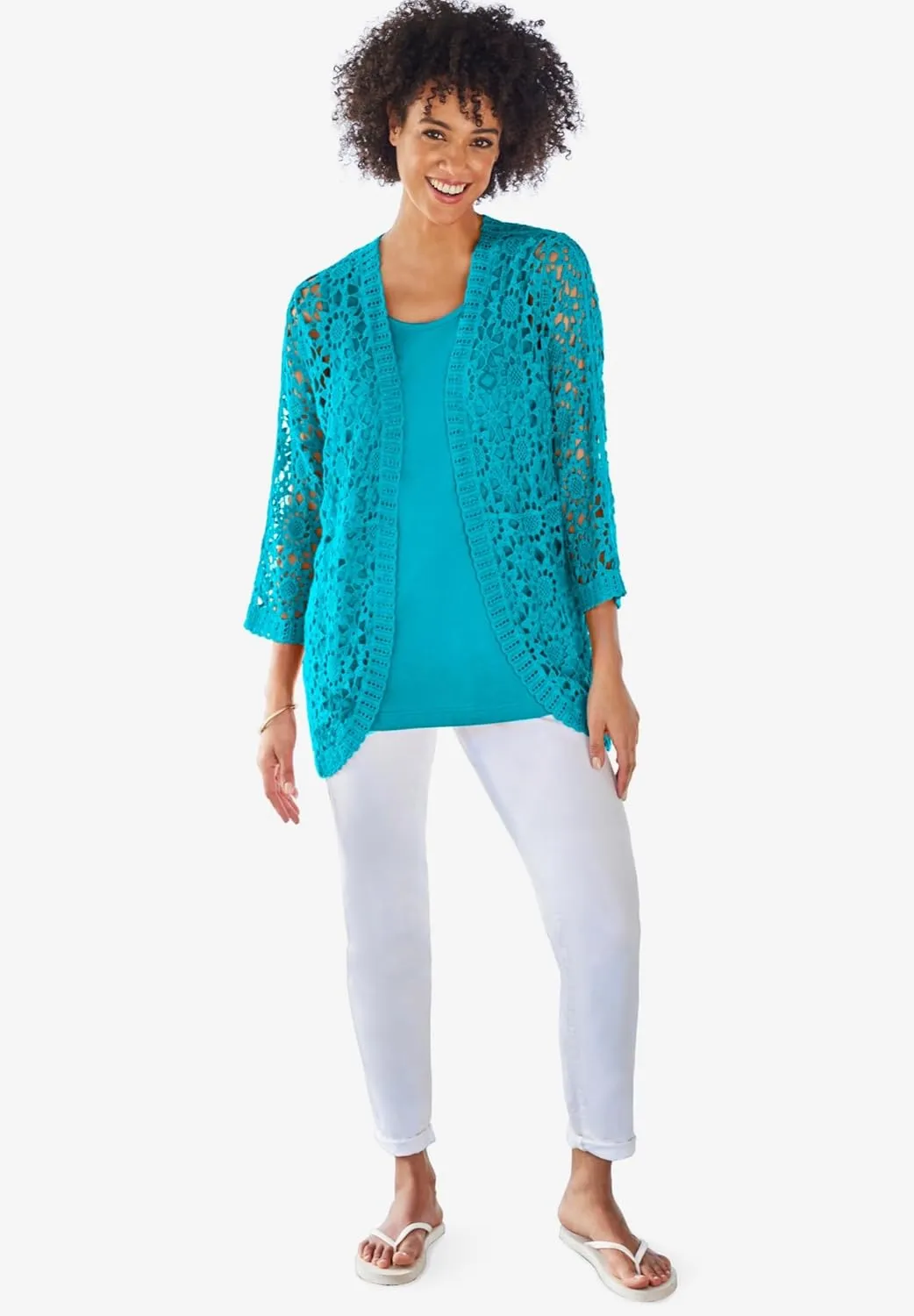Woman Within Plus Size Curved Hem Pointelle Cardigan
