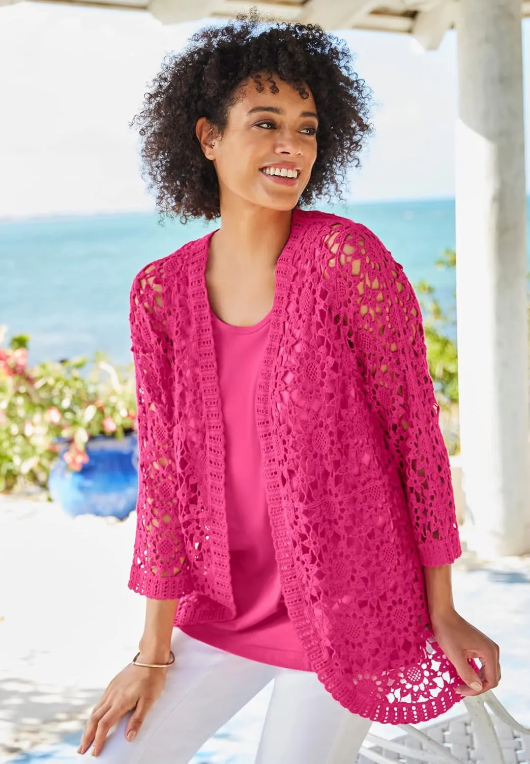 Woman Within Plus Size Curved Hem Pointelle Cardigan