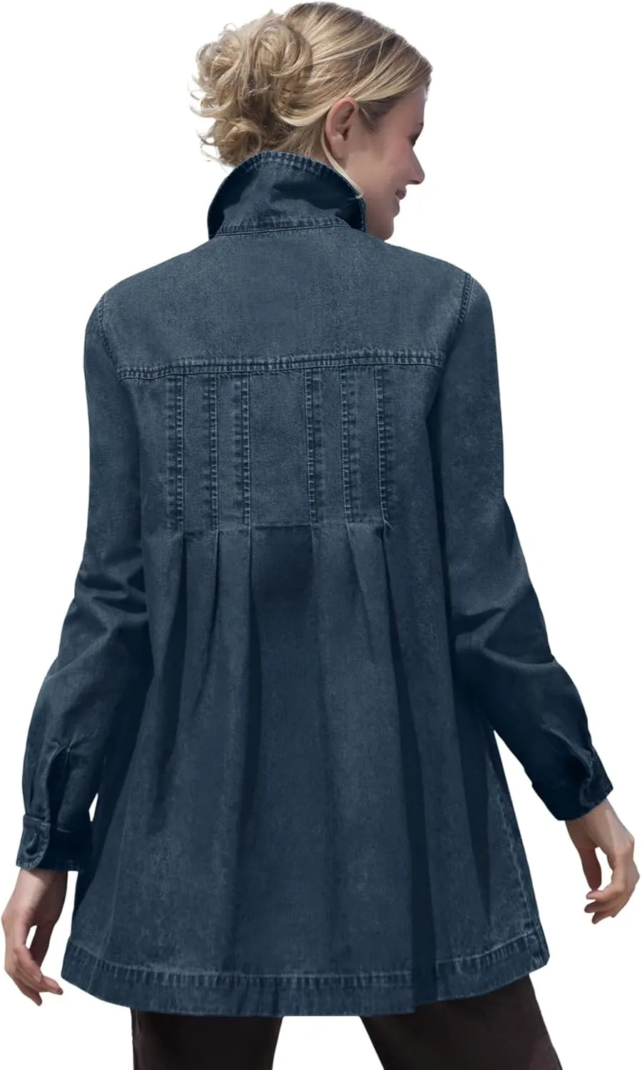 Woman Within Plus Size Pleat-Back Denim Jacket Long Oversized Jean Coat