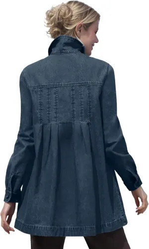 Woman Within Plus Size Pleat-Back Denim Jacket Long Oversized Jean Coat