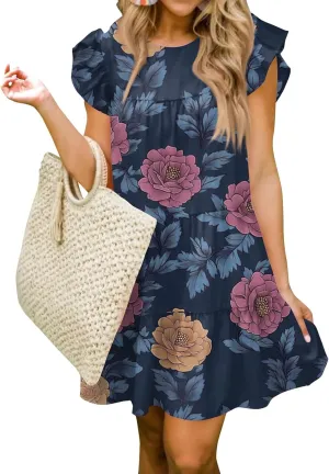 Women Babydoll Summer Casual Crew Neck Ruffle Sleeve Sleeveless Flowy Mini Short Tunic Dress Floral Print Pleated Dress3-Dark Blue,Medium