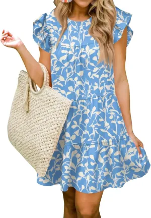 Women Babydoll Summer Casual Crew Neck Ruffle Sleeve Sleeveless Flowy Mini Short Tunic Dress Floral Print Pleated Dress5-Blue,Small