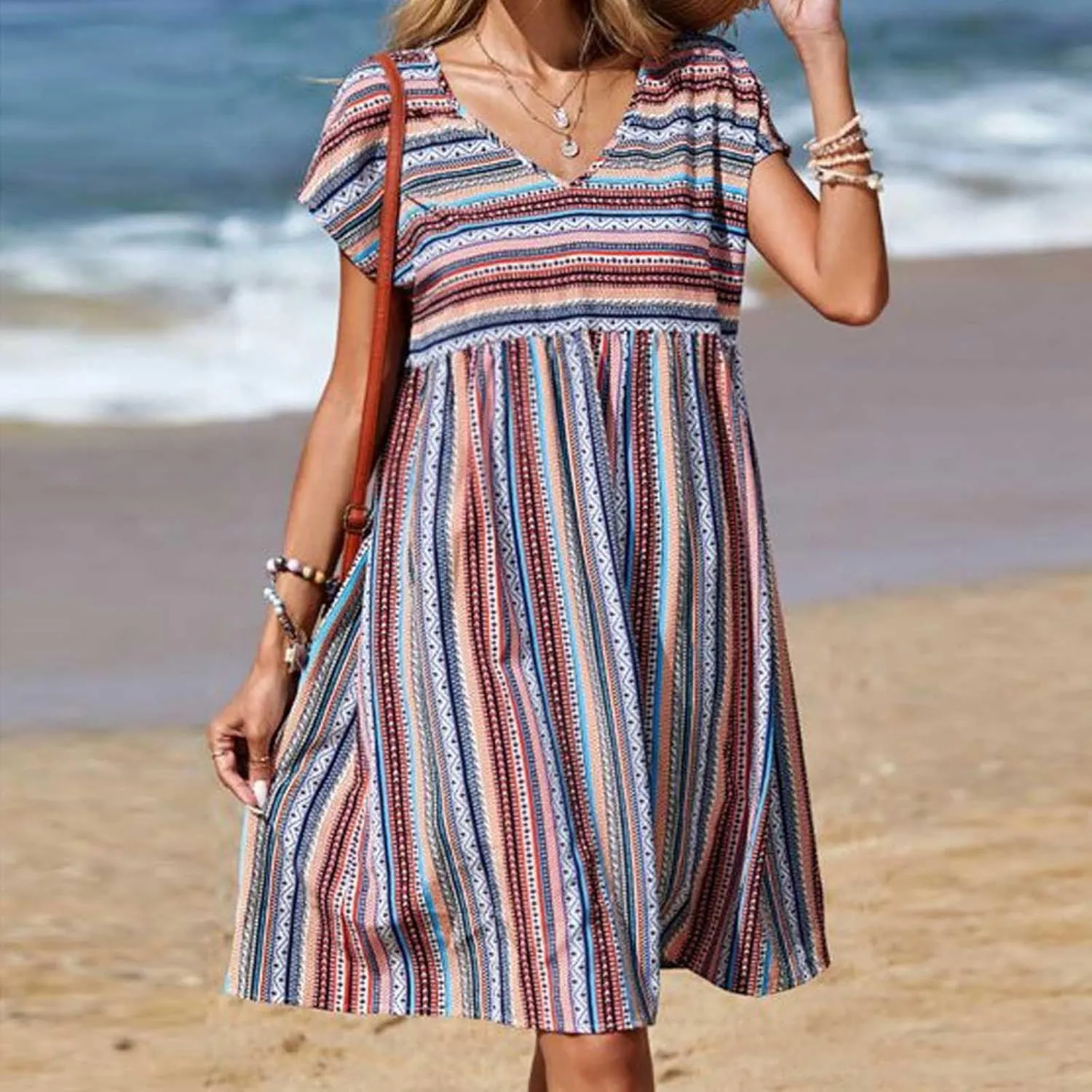 Women Casual Spring Summer Dresses V Neck Short Sleeve Vintage Striped Floral Boho Babydoll Swing Mini Beach Dress