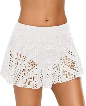 Women Lace Crochet Swim Skirt Bikini Bottom Swimsuit Board Shorts Skort Swimdress Sexy Hollow Mini Skirts