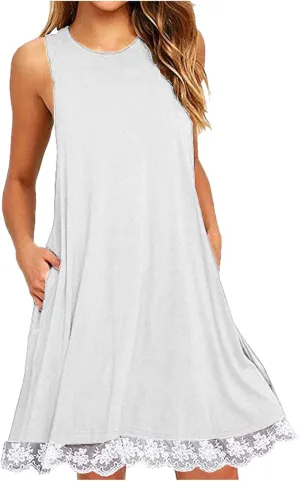Women Lace Trim Summer Mini Dress, Sexy Sleeveless T Shirt Dresses Crew Neck Solid Beach Dress Cute Sundress with Pocket