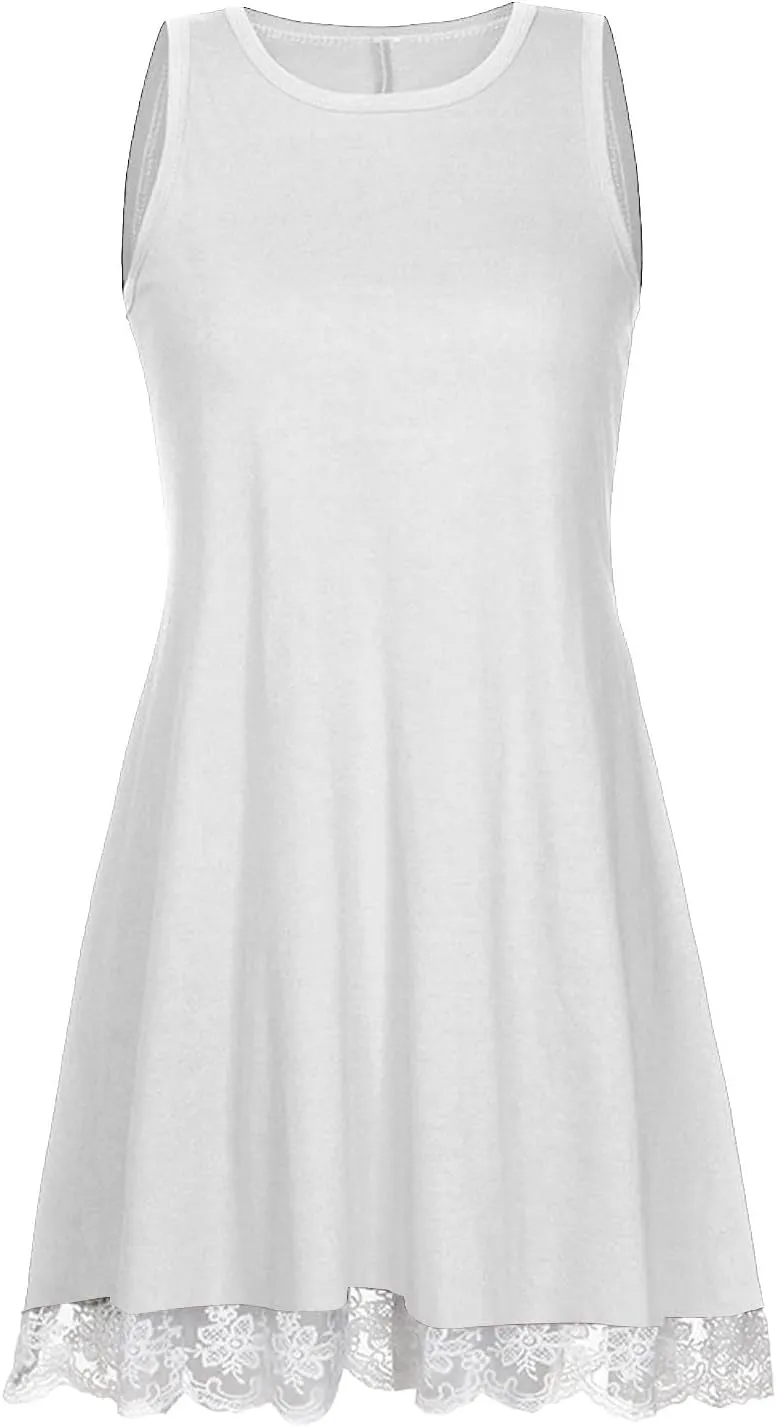 Women Lace Trim Summer Mini Dress, Sexy Sleeveless T Shirt Dresses Crew Neck Solid Beach Dress Cute Sundress with Pocket