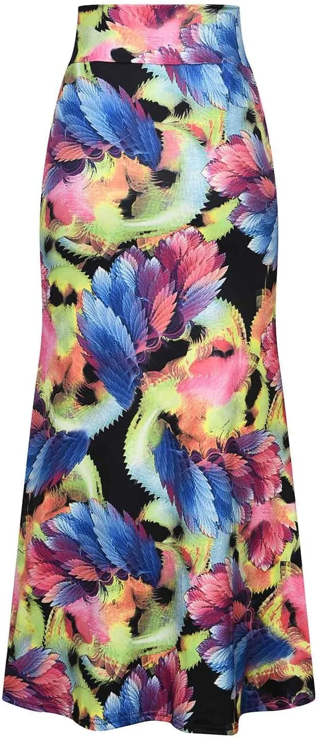 Women Maxi Skirt Ethnic Stripe Floral Skirt Fashion Slim Fit High Waist Elastic Wrap Hip Bodycon Midi Length Skort