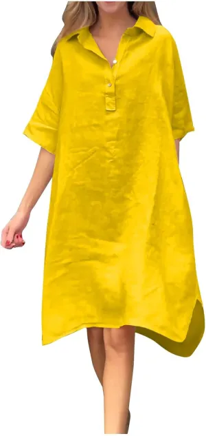Women Plus Size Button Down Shirt Dresses with Pockets Summer Casual Loose 3/4 Sleeve Midi Dress Cover Up Sundress