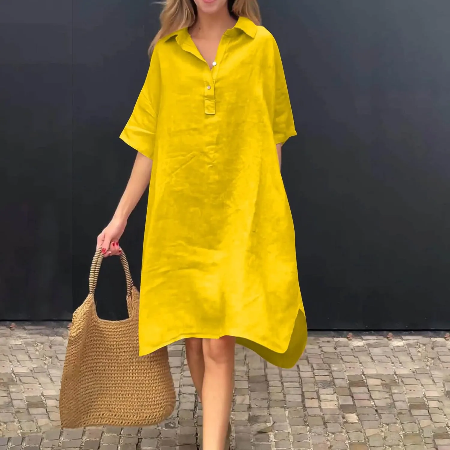 Women Plus Size Button Down Shirt Dresses with Pockets Summer Casual Loose 3/4 Sleeve Midi Dress Cover Up Sundress