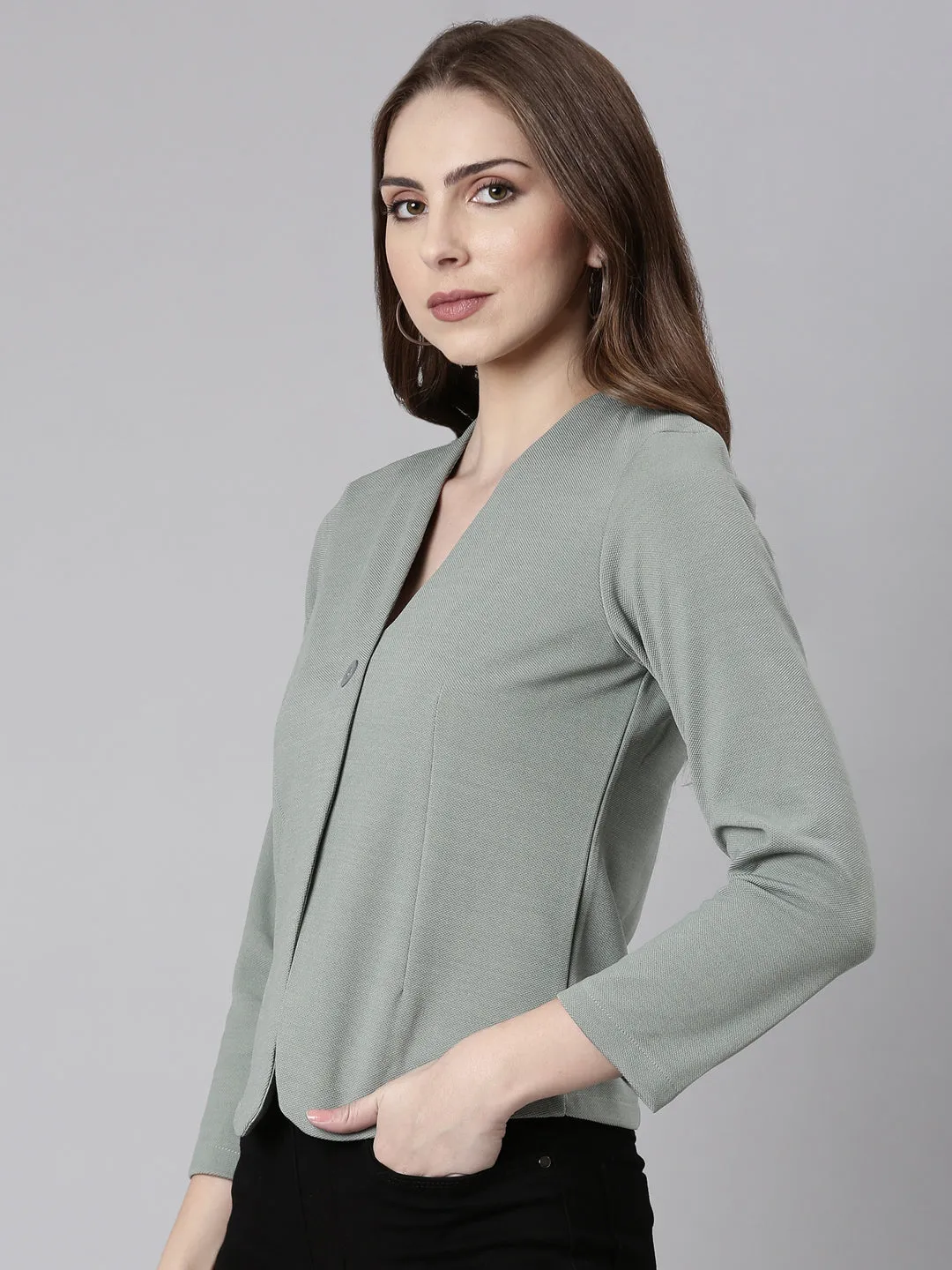 Women Sea Green Solid Single Breasted Blazer