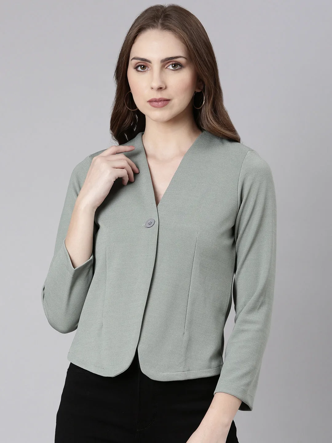 Women Sea Green Solid Single Breasted Blazer