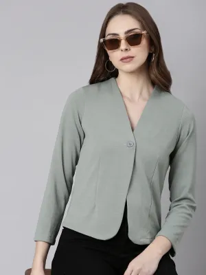 Women Sea Green Solid Single Breasted Blazer