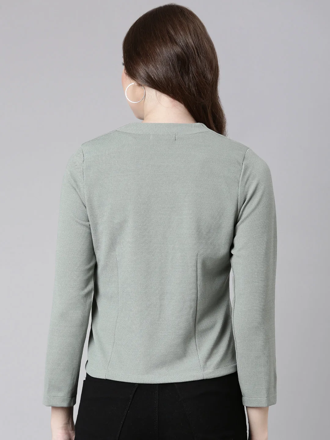 Women Sea Green Solid Single Breasted Blazer