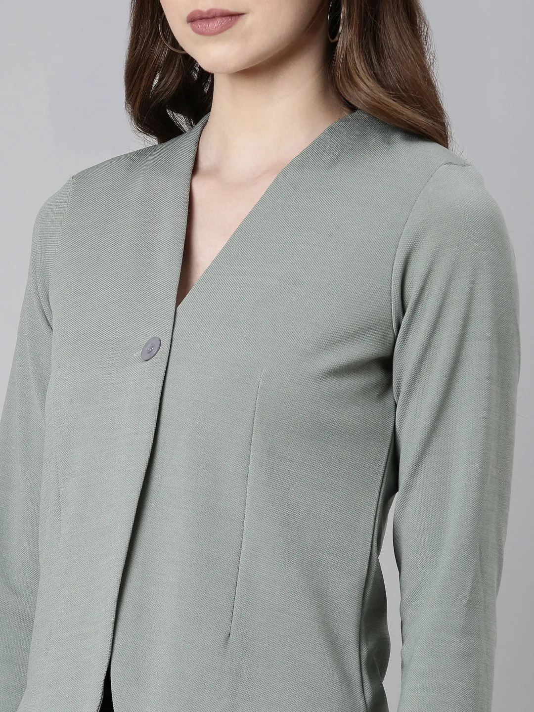 Women Sea Green Solid Single Breasted Blazer