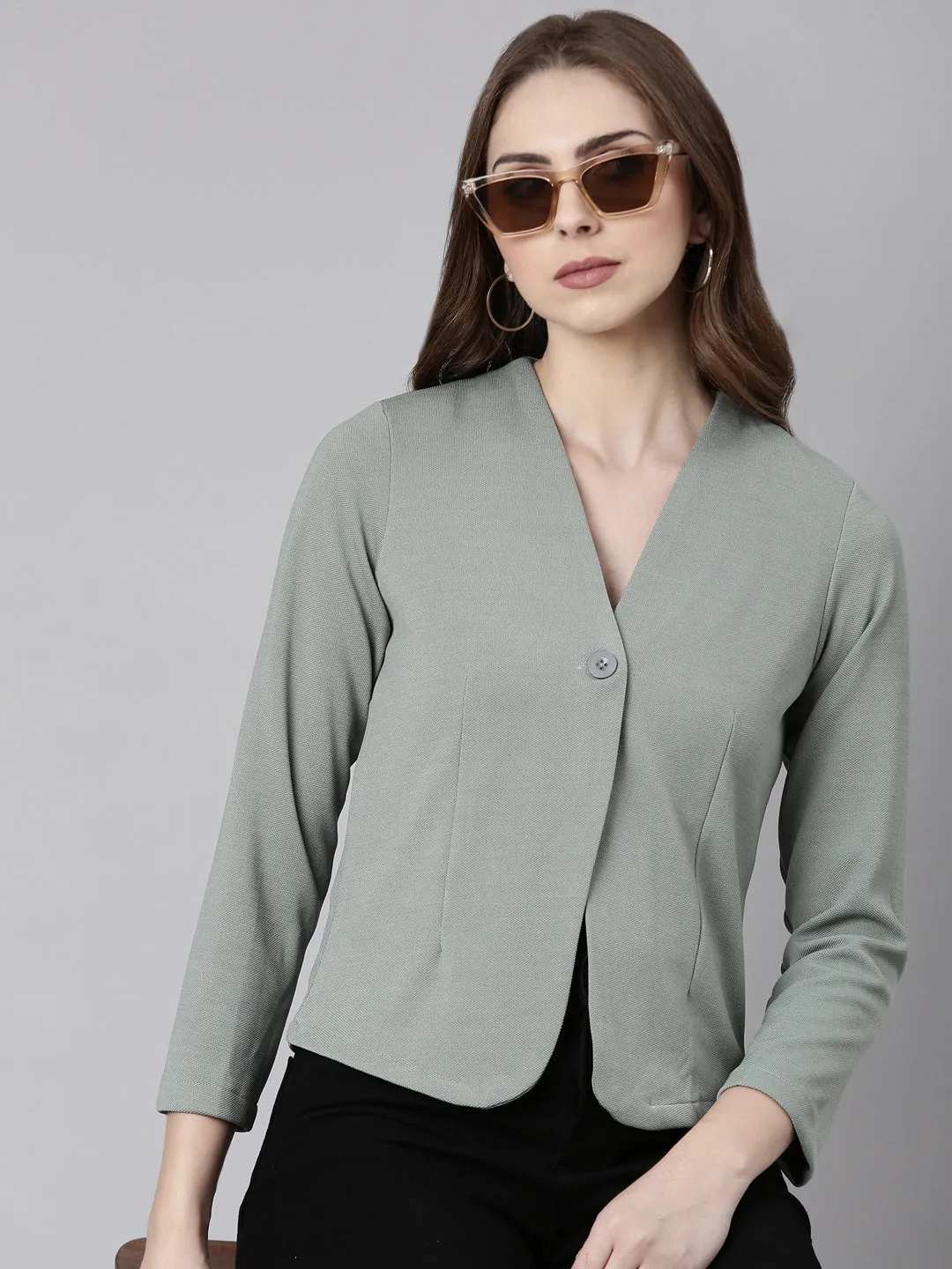 Women Sea Green Solid Single Breasted Blazer