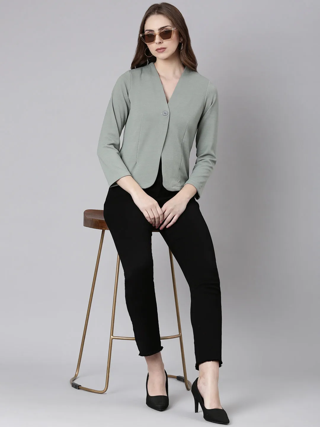 Women Sea Green Solid Single Breasted Blazer