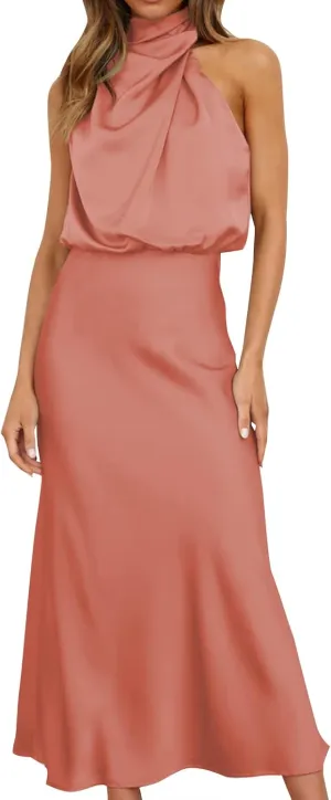 Women Sleeveless Mock Neck Cocktail Dresses Elastic Waist Party Wedding Guest Dress Satin High Split Maxi Evening Dress