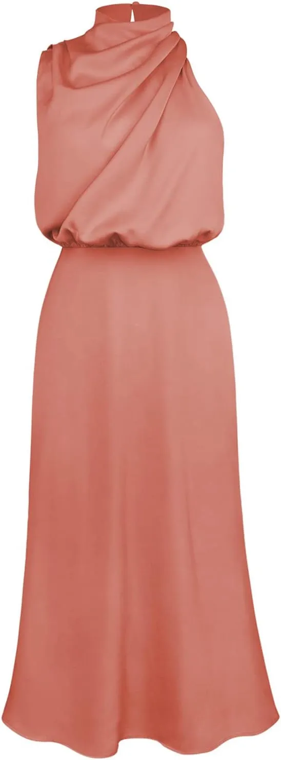 Women Sleeveless Mock Neck Cocktail Dresses Elastic Waist Party Wedding Guest Dress Satin High Split Maxi Evening Dress