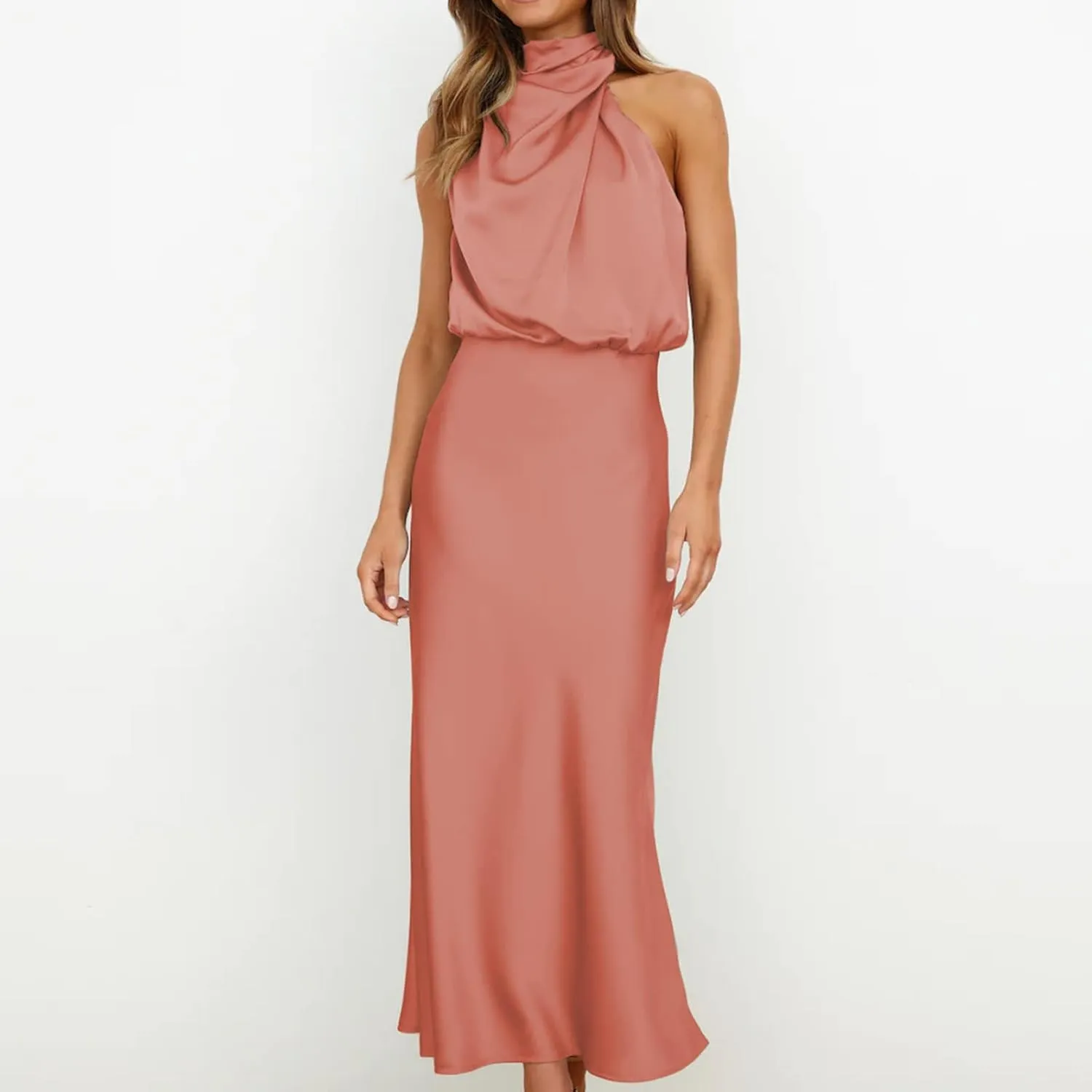 Women Sleeveless Mock Neck Cocktail Dresses Elastic Waist Party Wedding Guest Dress Satin High Split Maxi Evening Dress