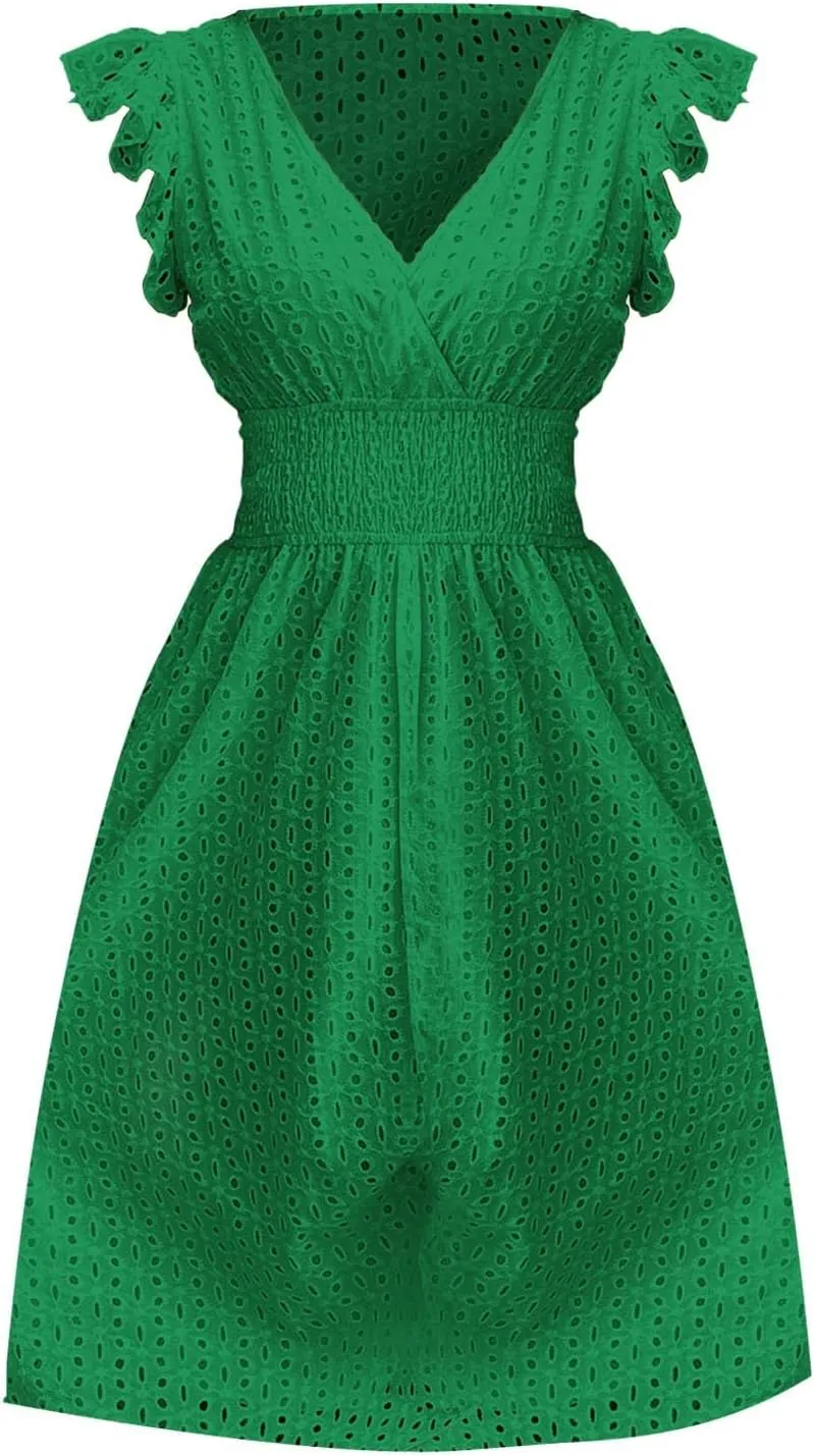 Women Summer Dresses Cap Sleeve Babydoll Eyelet Ruffle V Neck Mini Dress Plus Size Casual Loose Sundress with Pockets