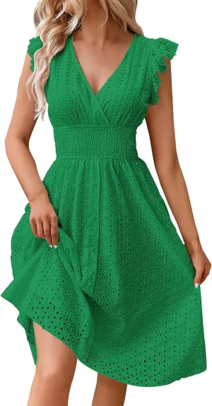 Women Summer Dresses Cap Sleeve Babydoll Eyelet Ruffle V Neck Mini Dress Plus Size Casual Loose Sundress with Pockets