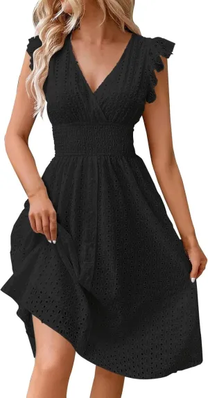 Women Summer Dresses Cap Sleeve Babydoll Eyelet Ruffle V Neck Mini Dress Plus Size Casual Loose Sundress with Pockets