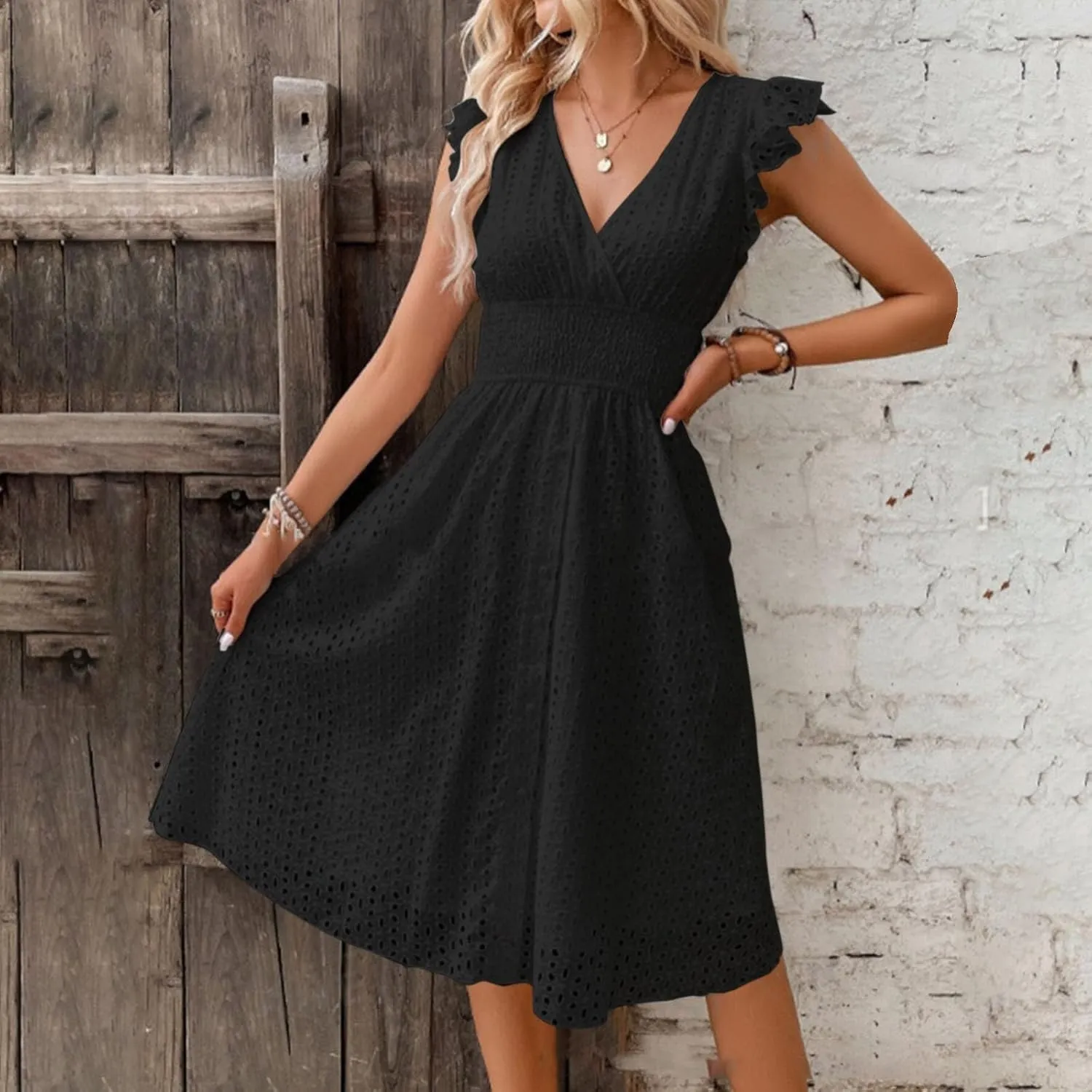 Women Summer Dresses Cap Sleeve Babydoll Eyelet Ruffle V Neck Mini Dress Plus Size Casual Loose Sundress with Pockets