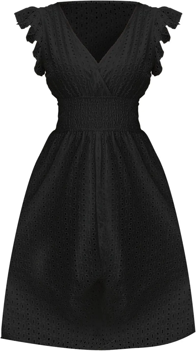 Women Summer Dresses Cap Sleeve Babydoll Eyelet Ruffle V Neck Mini Dress Plus Size Casual Loose Sundress with Pockets