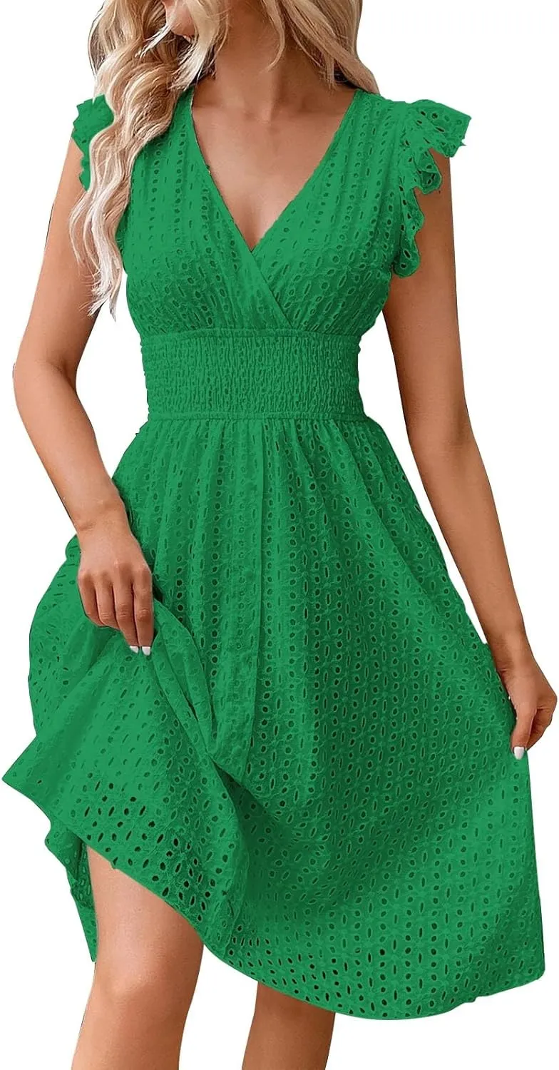 Women Summer Dresses Cap Sleeve Babydoll Eyelet Ruffle V Neck Mini Dress Plus Size Casual Loose Sundress with Pockets