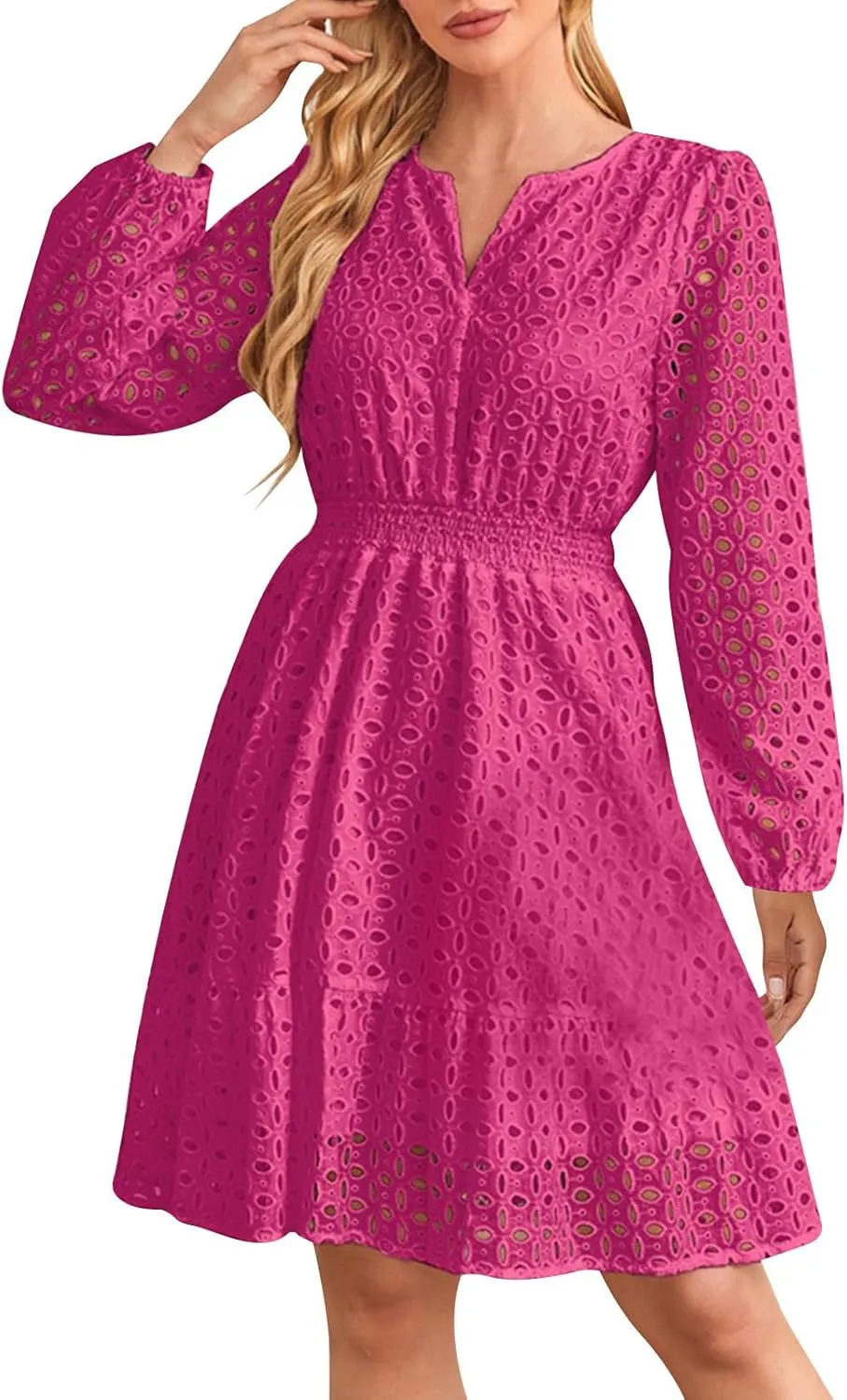 Women's 2024 Fall Long Sleeve Solid Mini Dress V Neck Hollow Out Eyelet Embroidery Ruffle A Line Swing Short Dresses