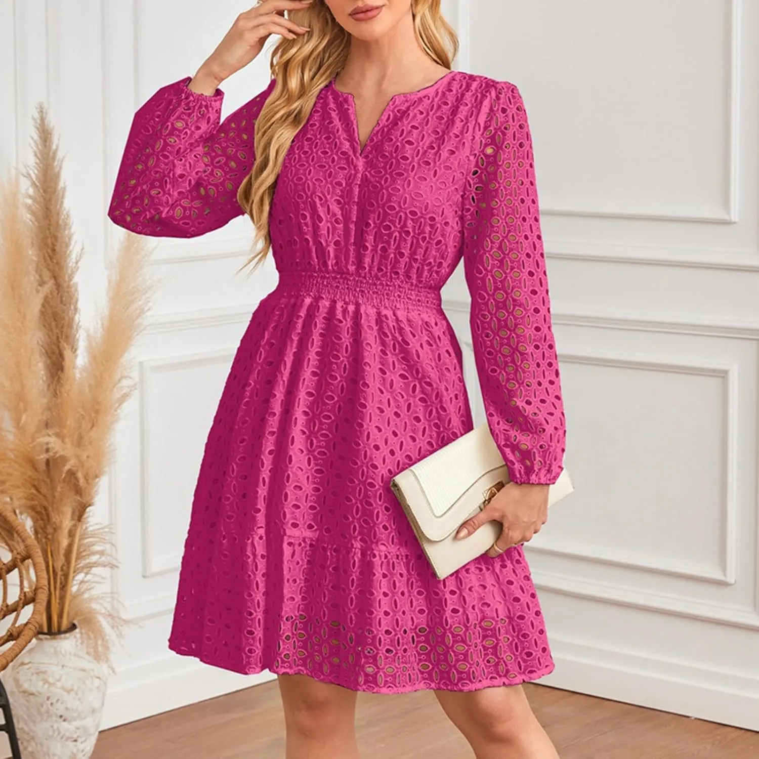 Women's 2024 Fall Long Sleeve Solid Mini Dress V Neck Hollow Out Eyelet Embroidery Ruffle A Line Swing Short Dresses