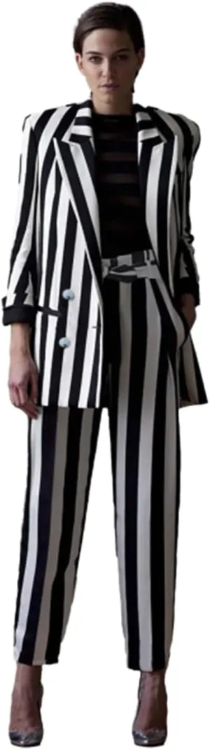 Women's Black and White Wide Stripe Suit Double Breasted Jacket Pants for Banquet Daily Leisure