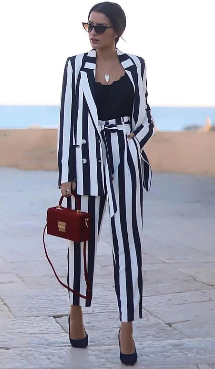 Women's Black and White Wide Stripe Suit Double Breasted Jacket Pants for Banquet Daily Leisure