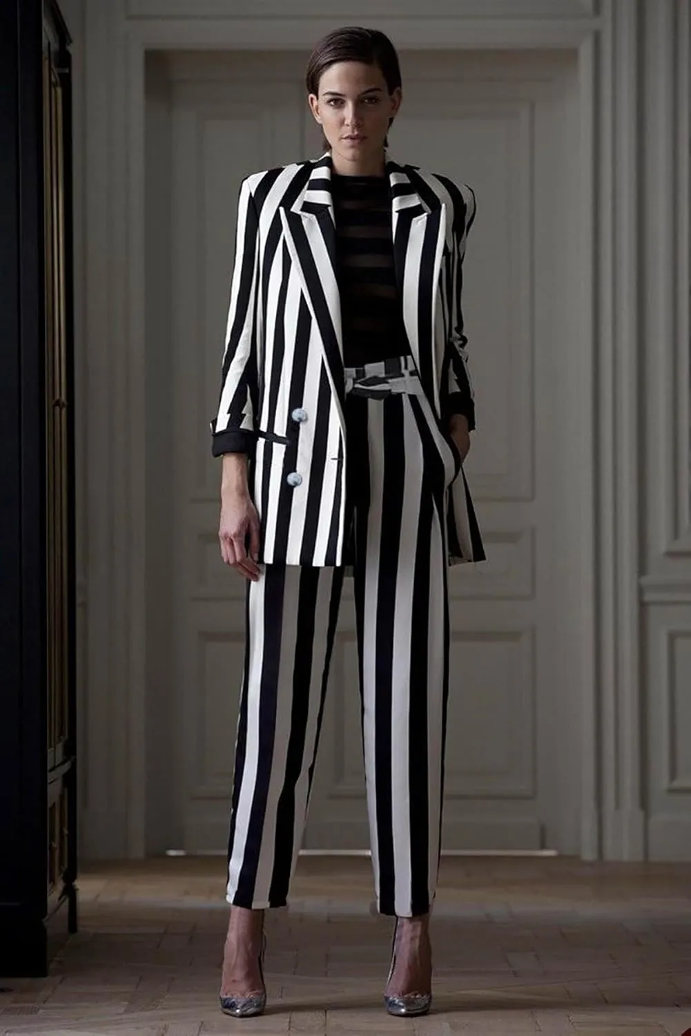 Women's Black and White Wide Stripe Suit Double Breasted Jacket Pants for Banquet Daily Leisure