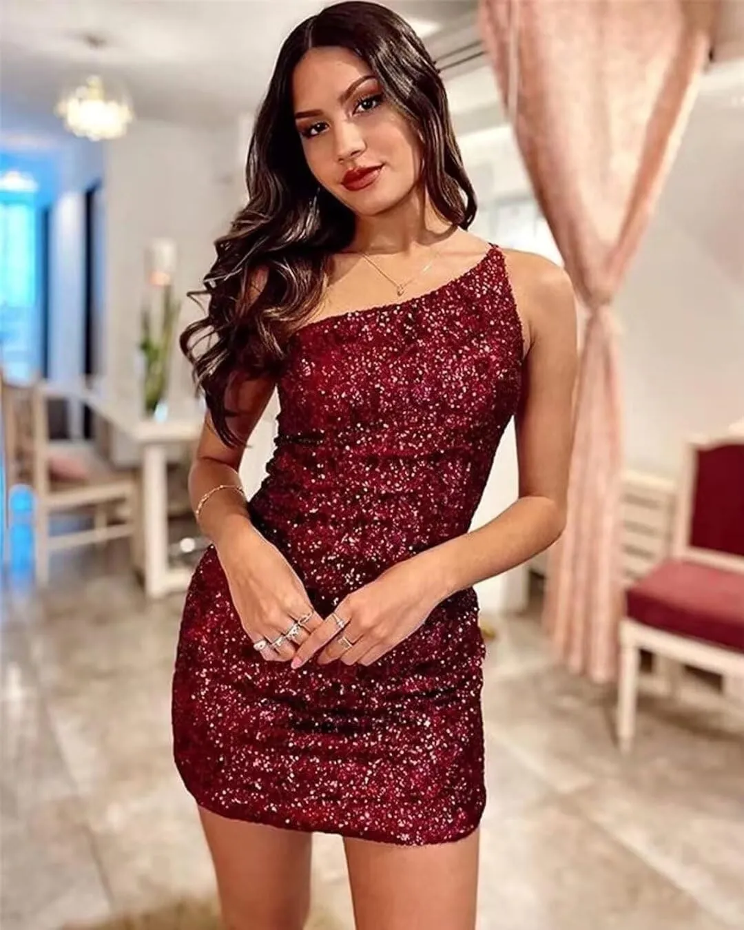 Women's Bodycon Homecoming Dress for Juniors Sequin One Shoulder Backless Mini Cocktail Party Dress