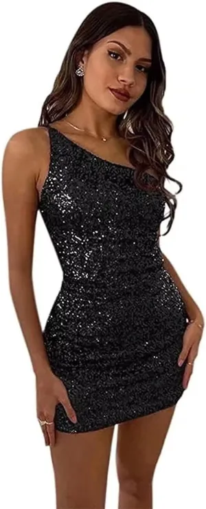 Women's Bodycon Homecoming Dress for Juniors Sequin One Shoulder Backless Mini Cocktail Party Dress
