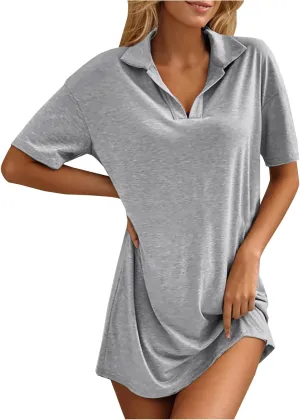 Women's Casual Lapel Neck Dress 2025 Summer Solid Color Comfy Short Dresses Short Sleeve Loose A Line Basic Mini Dress