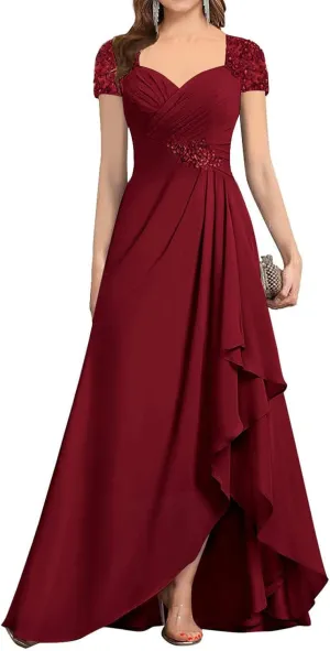 Women's Chiffon Beaded Mother of The Bride Dresses for Wedding Short Sleeves Formal Evening Gown