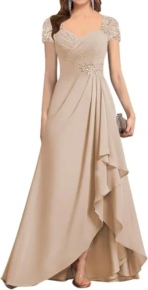 Women's Chiffon Beaded Mother of The Bride Dresses for Wedding Short Sleeves Formal Evening Gown