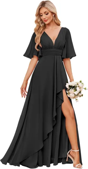 Women's Chiffon Bridesmaid Dresses for Wedding Long with Slit Short Sleeve V Neck Ruffle Formal Evening Dress
