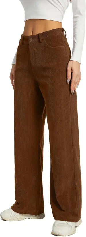 Women's Corduroy Loose Mid Rise Pant Casual Fall Straight Leg Elastic Waist Pants with Pockets