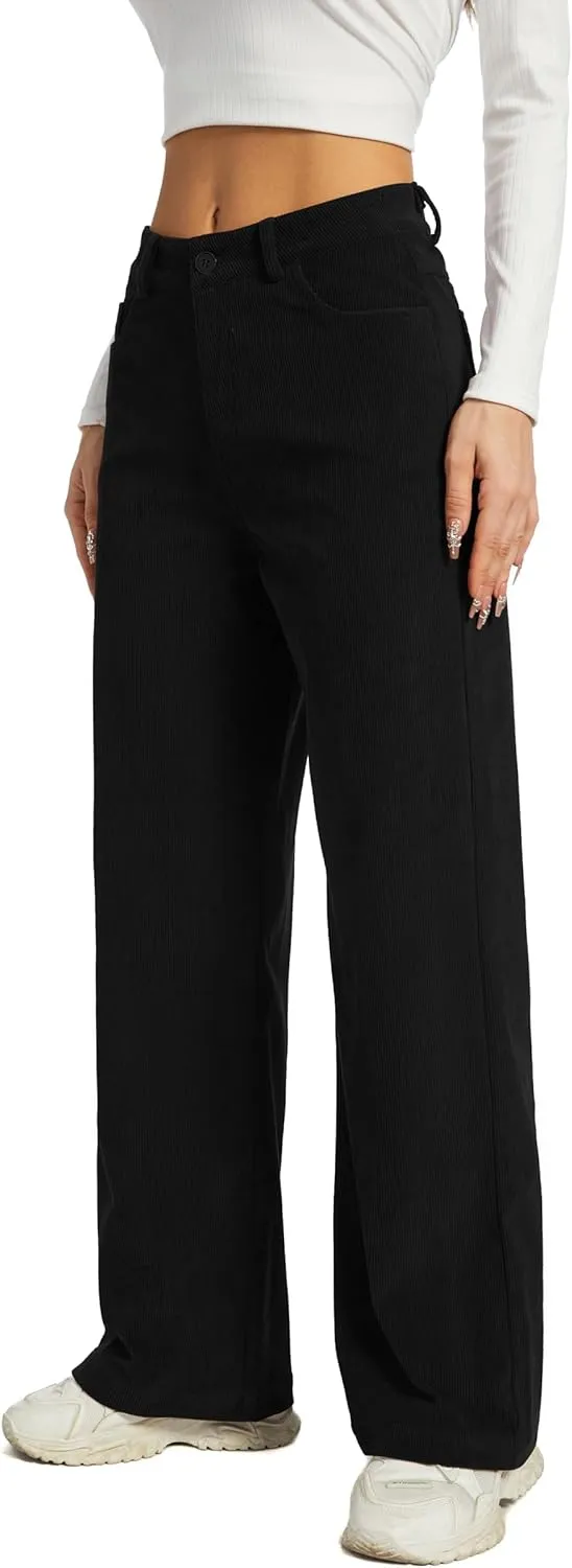 Women's Corduroy Loose Mid Rise Pant Casual Fall Straight Leg Elastic Waist Pants with Pockets