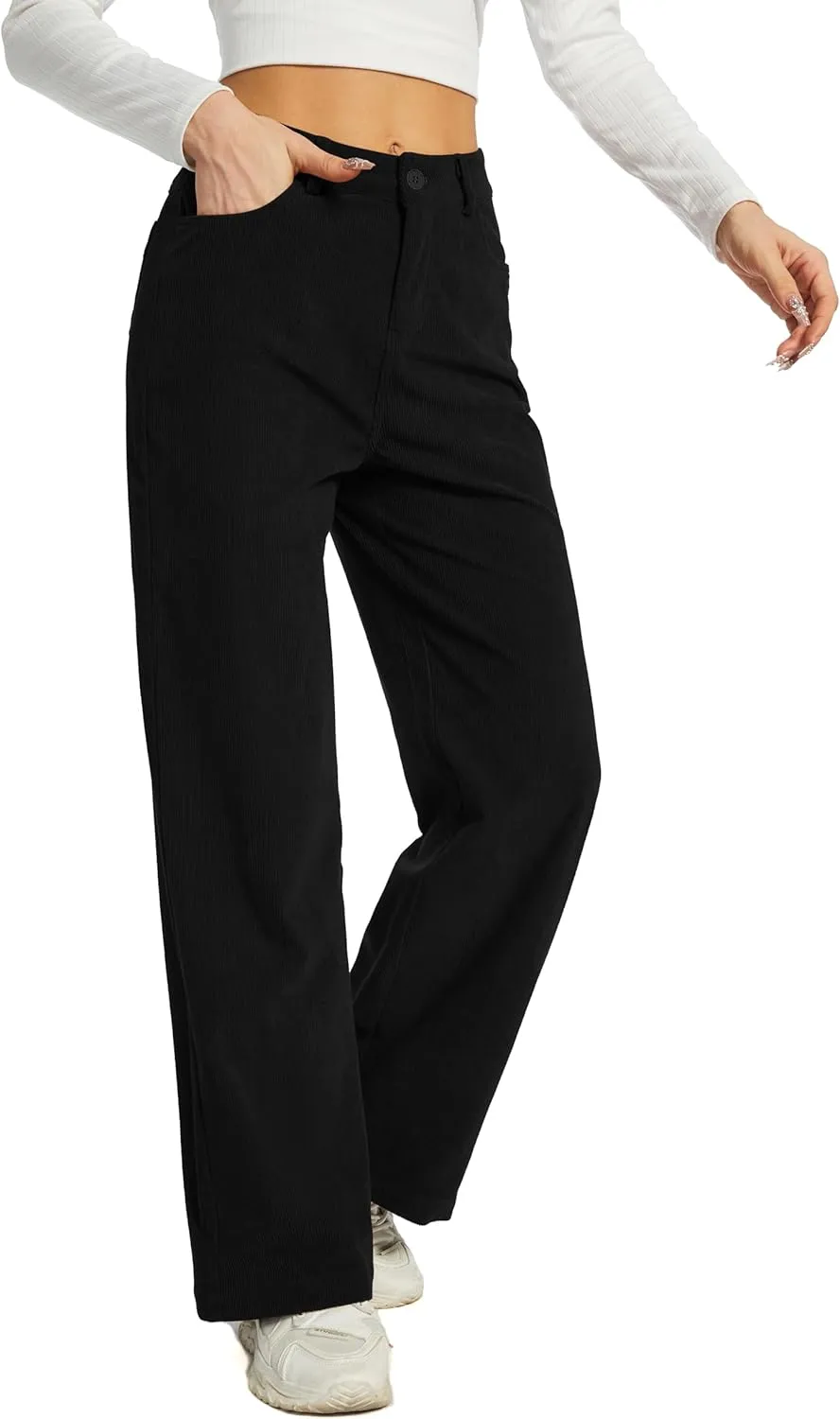 Women's Corduroy Loose Mid Rise Pant Casual Fall Straight Leg Elastic Waist Pants with Pockets
