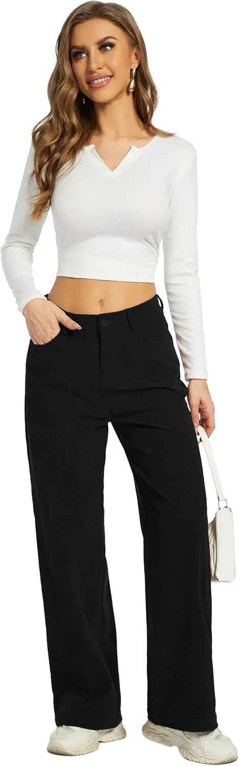 Women's Corduroy Loose Mid Rise Pant Casual Fall Straight Leg Elastic Waist Pants with Pockets