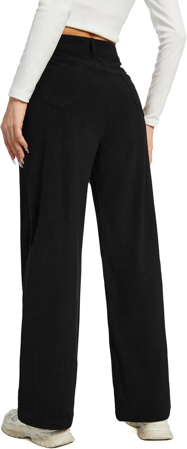 Women's Corduroy Loose Mid Rise Pant Casual Fall Straight Leg Elastic Waist Pants with Pockets