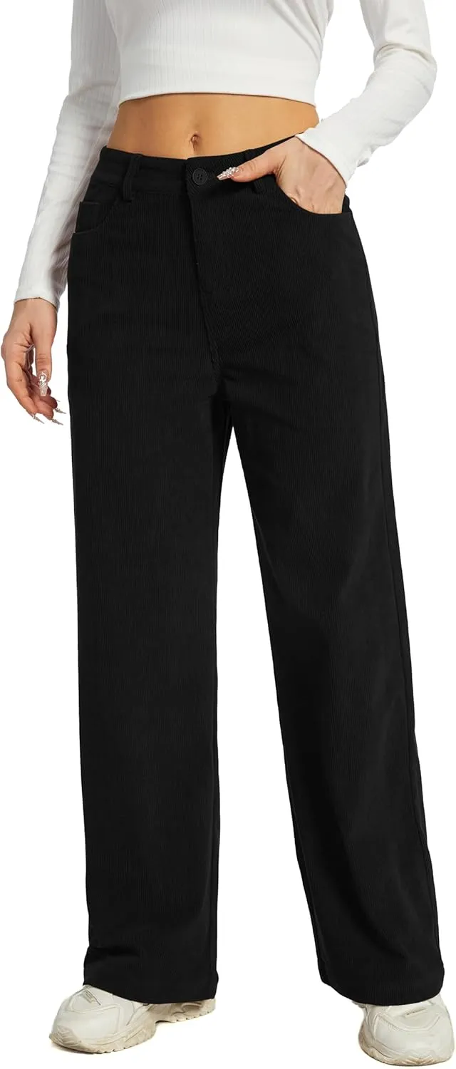 Women's Corduroy Loose Mid Rise Pant Casual Fall Straight Leg Elastic Waist Pants with Pockets